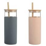 Welour Glass Multicolor Amber Water Bottle With Bamboo Straw - 500 Ml (Set Of 2)