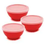 Jaycee Microwave Safe And BPA Free Red Round Virgin Plastic Multipurpose Bowl With Lid - 300 Ml (Pack Of 3)