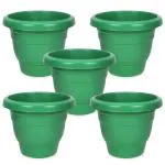 JOREN Combo of 5 Green 8 Inch Plastic Flower Pots | Small Planter | Decorative Gamla | Nursery Plant Container | Balcony Plant Container for Indoor & Outdoor Gardening Needs