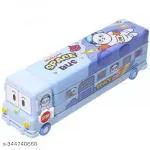 KHILONEWALA Bus Shape Pencil Box School Bus Geometry Box for Kids Magic Bus Space School Bus with Moving Tyres Metal Pencil Box with 3 Compartments & Cute Eyes (BLUE COLOUR