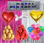 Webble Happy Birthday Banner with LED Lights and Balloon Set| Metallic HD Balloons, Party Curtains, Glue Dots Tape for Background Decoration| 46 Pcs (Pink and Silver Fringes)