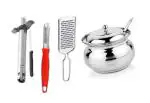 First Front Steel Gas Lighter Knife With Peeler, Cheese grater and Steel Ghee Pot, Multicolour (Pack Of 4) l Kitchen Tools l Essential Kitchen Tools l Tools l Kitchen l Utensils l Stainless Steel Tools l Steel Kitchen Tools l Metal Tools