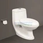 Vardhman Ceramics One Piece Western Commode for Toilet Bathroom Water Closet Ewc Floor Mounted Mount Wc with Soft Close Slow Motion Seat Cover and Flush Tank Fittings Installed P Trap Outlet on Backside Wall 165mm / 6.5 Inch Glossy Finish Cally-P-White