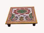 Jyesh Jewel Elegant Peacock Design Hand-Painted Marble Puja Chowki (6X6 INCH)