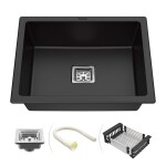 RUHE Quartz Single Bowl Kitchen Sink |24 x 18 x 9 Inches| Black | Sink with Coupling, Pipe & Basket