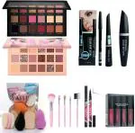 DAIMANPU 18 COLOR NUDE ROSEGOLD EYESHADOW PALETTE MATTE+GLITTER, MASCARA SET, EYELINER, PUFF, BRUSH SET + MATTE LIQUID LIPSTICK (7 Items in the set)