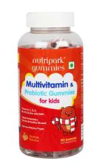 Nutripark Multivitamin Gummies for Kids with Probiotics, DHA, Vitamins A, D, E, C, B6, B12 & Zinc. Supports Immunity, Improves Memory Power & Gut Health (Orange flavour) - VEG (60 Gummies)