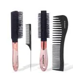 MAJESTIQUE Hair Brush Set 4-Piece Collection - Flat, Round, Tail Comb & Wide Tooth Comb - Ideal for Women & Men, Great on Wet or Dry Hair - Gray/Black