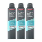 Dove Men Care Clean Comfort Dry Spray Antiperspirant Long Lasting Refreshing Deodorant, 250 ml - Pack of 3