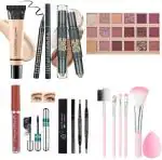 DAIMANPU Makeup Combo Set Eyeshadow Palette, 5in1 Brush Set, Puff, Black Mascara, Eyebrow Enhancer, Contour and Kajal (9 Items in the set)