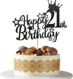 Zyozique 21st Birthday Cake Topper - 21 Brithday Decorations for Men Women, Glitter Black - PACK OF 1