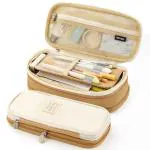 Hasthip Khaki Nylon Multiple Compartment Double Zipper Portable Capacity Pencil Pouch