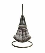 Indoplaza Wicker Rattan Wrought Iron Single Seater Swing Chair with Stand for Adults | L Shape| Balcony| Patio| Indoor| Porch| Yard| Outdoor Furniture|Black Swing_ Grey Cushion|