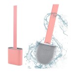 CLEANADO Silicone Flex Anti-drip No-Slip Long Handle Soft Bristle Toilet Brush with Slim Holder Set and (Pnk)