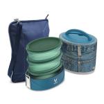 VAYA TYFFYN Denim Oval Shape Insulated Stainless Steel Office Tiffin Box with 3-Plastic Lunch Containers and Shoulder Bag Cum Table Mat with Cutlery Pouch, 1000 ml