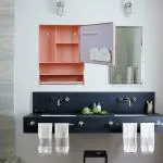 Pgen Pink Plastic Bathroom Mirror Wall Cabinet With Shelf And Towel Rod, Medium