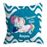ASHVAH Blue Satin Ranjana Name Unicorn Cushion Cover with Filler 30 x 30 cm