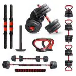 PowerMax Fitness PDKS-20P Adjustable PVC Cement Kettlebell Dumbbells Set 20kg with Kettle Handle, Kettlebell Rod, Anti-Slip Handle and Adjustable Weight Plates Set for Home Gym Workout- Black
