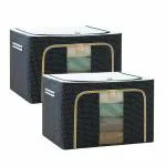 66 ltr storage organizer box 66 l bag bagSturdy handle Visualized transparent window desiWN BAGS 66 LTR (PACK OF 2) Oxford Fabric Metal Frame Wardrobe Organizer Storage Boxes for Clothes, Blanket, Dresses with Zip and Transparent Window - Blue Polka Dots
