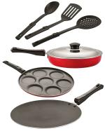 NIRLON Aluminium Non Stick Coated Set of Concave Tawa-27.5 cm, Fry Pan-20 cm, Uttapam-7 Cavity, 3 Spoon (Pack of 6)