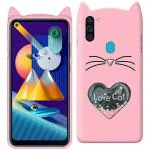 UNILORD Samsung M11 Pink Rubber Love Cat 3D Heart Design Flexible Ear Cat Kitty Girls Back Cover Case