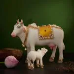 DecorTwist Kamdhenu Cow With Calf In Marble Dust Idol Statue