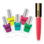 JUICE | NAIL PAINT (FUCHSIA PURPLE - 30 / BUMBLEBEE YELLOW - 40 / PINK BUBBLES - 70 / LIGHT PINE GREEN - 72 / ROBIN BLUE - 282) & LIPTINT (BLING PINK M-03) | WATERPROOF & LONG LASTING | COMBO OF 6