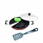 PANBERRY 12 Cavity Non-Stick Aluminum Appam Patra 20 cm, with Stainless Steel Lid with Free Spatula