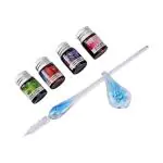 GOLD LEAF Flower Design Glass Dip Pen Set, 5-Pieces Calligraphy Pens Set - 4 Color Inks, (Blue)