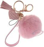 IACCESSORIES Fluffy Soft Faux Fur Pom Pom Tassel Heart Keychain - Adorable Pink Accessory for Girls' Bags, Purses, Cars, Scooters, Bikes, and Home Keys