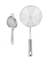 FIRST FRONT Stainless Steel Tea Strainer With Stainless Steel Deep Fry Strainer & Multicolour, (Pack of 2) l Kitchen Tools l Essential Kitchen Tools l Tools l Kitchen l Utensils l Stainless Steel Tools l Steel Kitchen Tools l Metal Tools