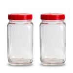 Pure Tree Glass Jar 1800 ml | Transparent Square Jars with Red Plastic Cap | Set of 2