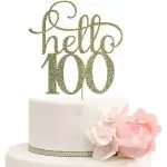 Festiko Hello 100 Cake Topper For 100th Anniversary Birthday Wedding Party Decorations, Gold Glitter