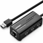 UGREEN 20264 RJ45 Ethernet Network Adapter With USB 2.0 Hub + 10/100Mbps (Black)