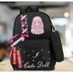 KNOXS Girls Backpack For School & College Printed I Love Doll Word Bag with Water Bottle Holder | Black