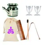 OREAYU Yoga Natural Life Kit Steel Neti Pot/Eye Wash Cup/Bamboo Brush/Copper Tongue Cleaner/Neem Wood Comb With Travel Cotton Bag