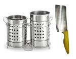 BLUE WONDER Stainless Steel Twin Cutlery Holder Racks With Wooden Handle Meat Chapper and (Multicolour, Pack of 2)