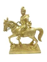 Kalarambh Brass Sahajand Sitting on Horse Idol Murti Statue for Home Office Table Decor Showpiece Collectible Handicraft Art, Yellow, 11.5 x 4.4 x 12 Inch (L x W x H)