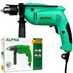 Alpha Corded Electric Impact Drill Machine, 650 W, 13mm Chuck, 2800 Rpm, Variable Speed, Forward/Reverse Rotation, With Lock-On & 23 Drill Bits, For Home & DIY Use for Masonry, Steel & Wood, A-6136, Green & Black
