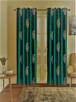 Home Sizzler 2 Pieces Hand Block Gold Paisley Printed Eyelet Polyester Window Curtains-5 Feet, Turquoise Green