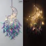 DULI Moon Crescent Dreamcatcher with Lights with Aqua-Purple Feather for Home Décor