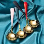 YELONA Golden Metal Soup Spoons,304 Stainless Steel Spoons for Cereal,Dessert Round Head Colorful Food Grade Gold Dinner Spoons with Thick Short Handle 7.1 Inch (Black Handle Gold Spoon, Pack of 4)