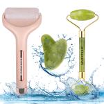 Majestique 2Pcs Facial Tools Jade Roller with Ice Roller for Face and Gua Sha Set Facial Skin Roller Massager Tool. Handcraft Natural Green Jade Face Massage Roller for Women, Men