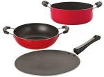 Nirlon 3 pcs of Red and Black 3 Layer Non-stick Aluminium Coated Chemical Free Kitchenware Essential Combo Set, Standard
