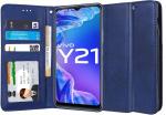 Unistuff Faux Leather Back Case Flip Cover for Vivo Y21 with ID Card Slot | Foldable Kickstand | 2 Card Slot | 1 Cash Slot - Executive Blue, 65049