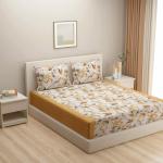 SWAYAM Floral Design 144 TC Pure Cotton Fitted Double Bedsheet with 2 Pillow Covers , Yellow and White