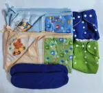 Maalove Combo of Baby Bath Towel with Waterproof Mattress Protector Sheet Blue Green 2 units and Cloth Diapers Green Blue with Blue Pads Pack of 2