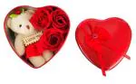 RSP Quality bit Heart-Shaped Red Box with Teddy and Roses Valentine Day Best Love Gift for Girlfriend Heart Shape and Red Rose Soap Flower Petals with Box & Soft Teddy Bear