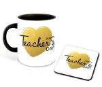 Whats your Kick Happy Teachers Day with Golden Heart Printed Black Ceramic Coffee Mug With Coaster 325 ML