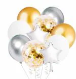 SV Traders Balloon Decoration Balloon Bouquet For Birthday/Party/Anniversary/Baby Shower Golden Silver Pack Of 10-Silver Foil Star 18 Inches(2)+Golden Confetti Balloons(2)+Metallic Balloons Golden 2+Silver 2+White 2